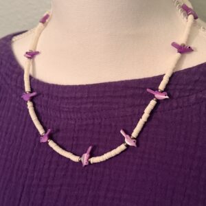 Brimsi Beads 20" Shades of Purple -Mother of Pearl bird fetishes and white vinyl disc beads