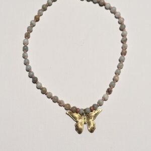 Brimsi Beads 16"-19" Adjustable - Pastel Gemstone Beads and Brass Butterfly Necklace - Lovely