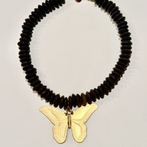 Brimsi Beads Statement Strand 16 - 19" Dark Purple/Neutral Saucer Ashanti Beads with large Brass Butterfly - A Stunning BBFave
