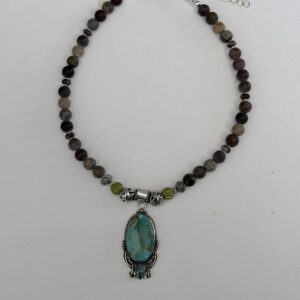 Brimsi Beads Statement Strand 17-19" Turquoise Pendant set in Sterling Silver with Jasper Beads- A Stunning Color Mix