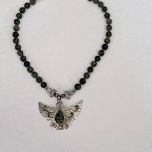 Brimsi Beads  18-20" Green with Envy Turquoise Eagle Pendant set in Tibetan Silver with Beautiful Matte Green beads - A Stunning Color Mix