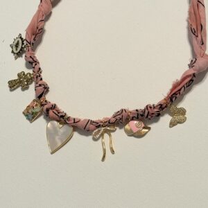 Charming Bandana in Pink with Gold Mother of Pearl Center and other adorable charms - Adjustable length WPOW