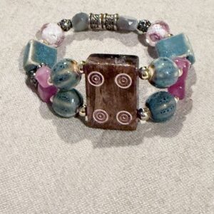 Brimsi Beads Mah Jongg Bracelet  -    MahJong Tile on a multi mix blue beaded bracelet - stretch size medium to medium large