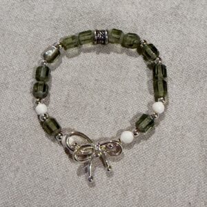 Brimsi Beads  - Beautiful olive green beaded Bracelet with Gold filled accents and Bow - Stretch size average