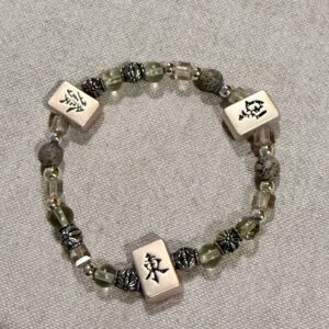Brimsi Beads Gold MahJongg Charms on a Neutral green mulit-beaded bracelet - stretch size average - large/average