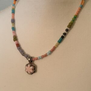 Brimsi Beads 16 + 2"   Mixed Beaded Necklace with removable Bashful Pink Carved Floral pendant in Tibetan Silver