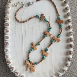 Brimsi Beads - YEAR OF THE HORSE! Carved Horse Fetish Necklace with turquoise nuggets  - 25" +3" extender