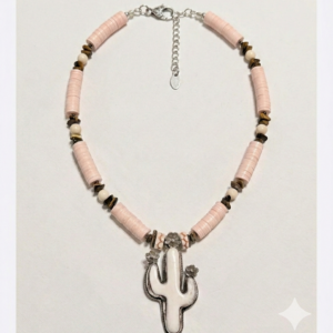 Brimsi Beads Statement Strand 18 - 20"  Tibetan Silver and Bone Cactus Pendant Bashful Pink