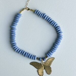 Brimsi Beads Statement Strand 16 - 19" Light Blue Saucer  Ashanti Beads with large Brass Butterfly - A Stunning BBFave