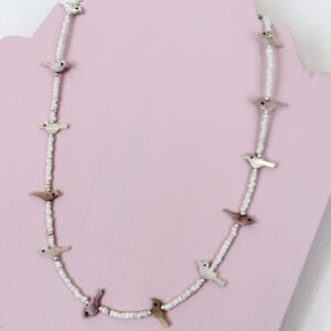 Brimsi Beads - Vintage Mother of Pearl hand carved bird fetishes and white heishi shell beads 19" plus 2" extender