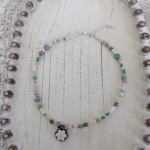 Brimsi Beads 16 + 2"   Mixed Beaded Necklace with a Bashful Pink Carved Floral pendant in Tibetan Silver