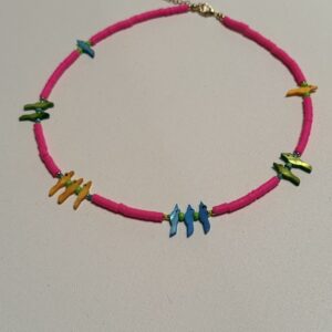 Brimsi Beads 20-22" necklace  - Hot Pink African vinyl beads spaced with Green, Yellow,  Turquoise Bird Fetishes