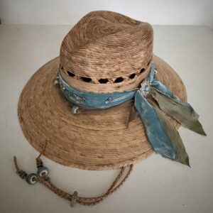 HAT Airy Arena with Chin Strap- LIght Colored Palm Hat with  Hand Beaded Boho  Blue and Green Band  -  Corded Leather Chin Strap with Beads - Size Medium
