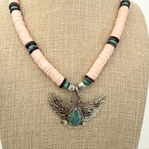 Brimsi Beads Statement Strand 18 - 20"  Tibetan Silver and Turquoise Thunderbird Pendant Bashful Pink