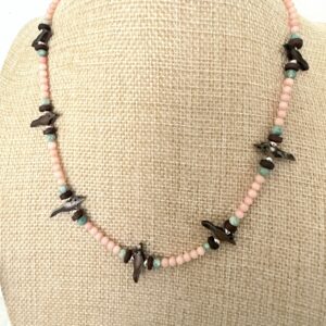 Brimsi Beads -18"  Bird Fetishes on Bashful Pink  African round beads and brown/turquoise accents