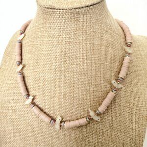Brimsi Beads -18+2"  Vintage Bird Fetishes on Bashful Pink  African vinyl beads with pink, blue and gold accents