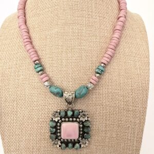 Brimsi Beads Statement Strand 16 +"  Tibetan Silver and Pink Conch Pendant with Turquoise, Mauve and Bashful Pink