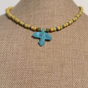 Brimsi Beads 16.5 + 2" -    Carved turquoise Thunderbird with yellow African beads for Summer Stackin!