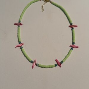 Brimsi Beads 16 - 18 " necklace - Lime Green African vinyl beads pink mother of pearl  bird fetishes Summer Stackin!
