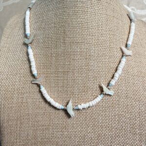 Brimsi Beads -16"+2" Vintage Bird Fetishes on White Shell Beads and light blue and gold accents.