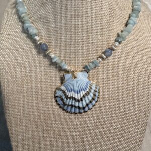 Brimsi Beads -16"+2"  Hand Painted Shell Pendant on Amazonite Chip Stone strand - Shello Summer!