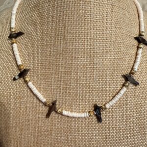 Brimsi Beads -16"+2" Bird Fetishes with white shell beads and Gold and Brown accents - NewTral!