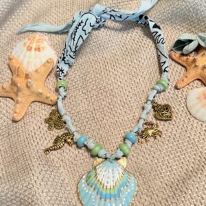 Hand Painted Shell Pendant on Beaded Bandana with Charms - Shello Summer!