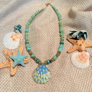 Brimsi Beads -16"+2" Hand Painted Shell Pendant on Multi Bead - Shello