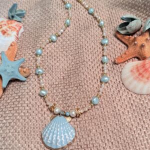 Brimsi Beads -16"+2" Hand Painted Shell Pendant with Dyed Genuine Fresh Water Pearls - Shello Summer!