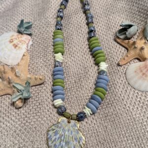 Brimsi Beads -16"+2" Hand Painted Shell Pendant on Multi African Beads strand - Shello Summer!