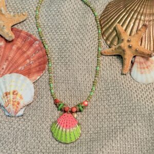 Brimsi Beads -16"+2" Hand Painted Shell Pendant Bright Corals, Pinks and Green - Shello Summer!