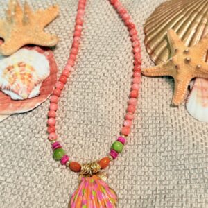 Brimsi Beads -16"+2" Hand Painted Shell Pendant Bright Corals and Green - Shello Summer!
