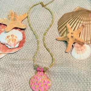 Brimsi Beads -16"+2" Hand Painted Shell Pendant Bright Corals, Pinks and Green - Shello Summer!