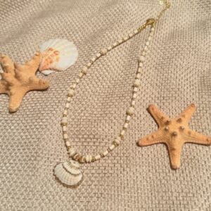Brimsi Beads -16"+2" Hand Painted Shell Pendant in Gold and Ivory - Shello Summer!