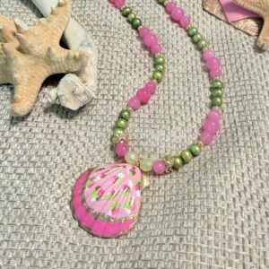 Brimsi Beads -16"+2" Hand Painted Shell Pendant on Dyed Genuine Fresh Water Pearls - Shello Summer!
