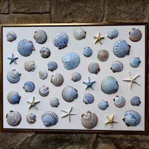 Large Canvas Painted Shells in  Ocean Blues 38 x 28" Gold Floater Frame - Original Art Painted by Hand - One of a Kind!