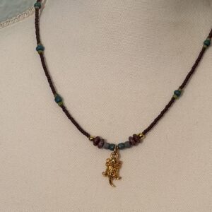 Brimsi Beads 16" + 2" extension - Pewter Horned Frog Mixed Purple & Turquoise Seed Beads Pendant Necklace