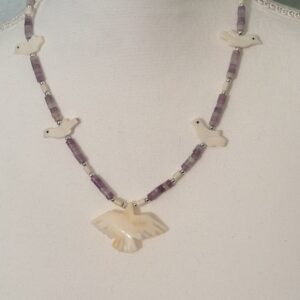 Brimsi Beads 17" Shades of Purple - Carved Shell Spread Winged Bird and quality large Bird Zuni Fetishes and lavender glass beads