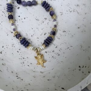 Brimsi Beads Shades of Purple 18" + 2" Extender Gold Plated Horned Frog, Assorted African beads and Gold Plated Accent Beads