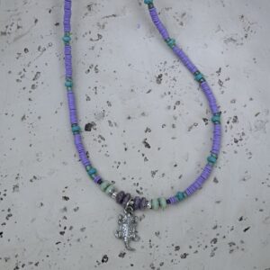 Brimsi Beads 16" + 2" extension - Pewter Horned Frog Mixed Purple Vinyl Bead & Turquoise Bead Pendant Necklace