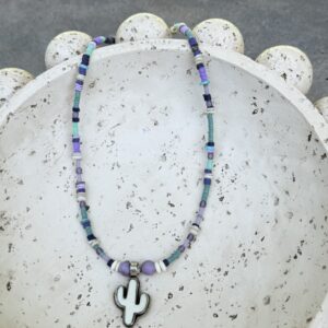 Brimsi Beads 16" + 2" extension - Carved Bone Cactus in Tibetan Silver with Mixed Bead Pendant Necklace